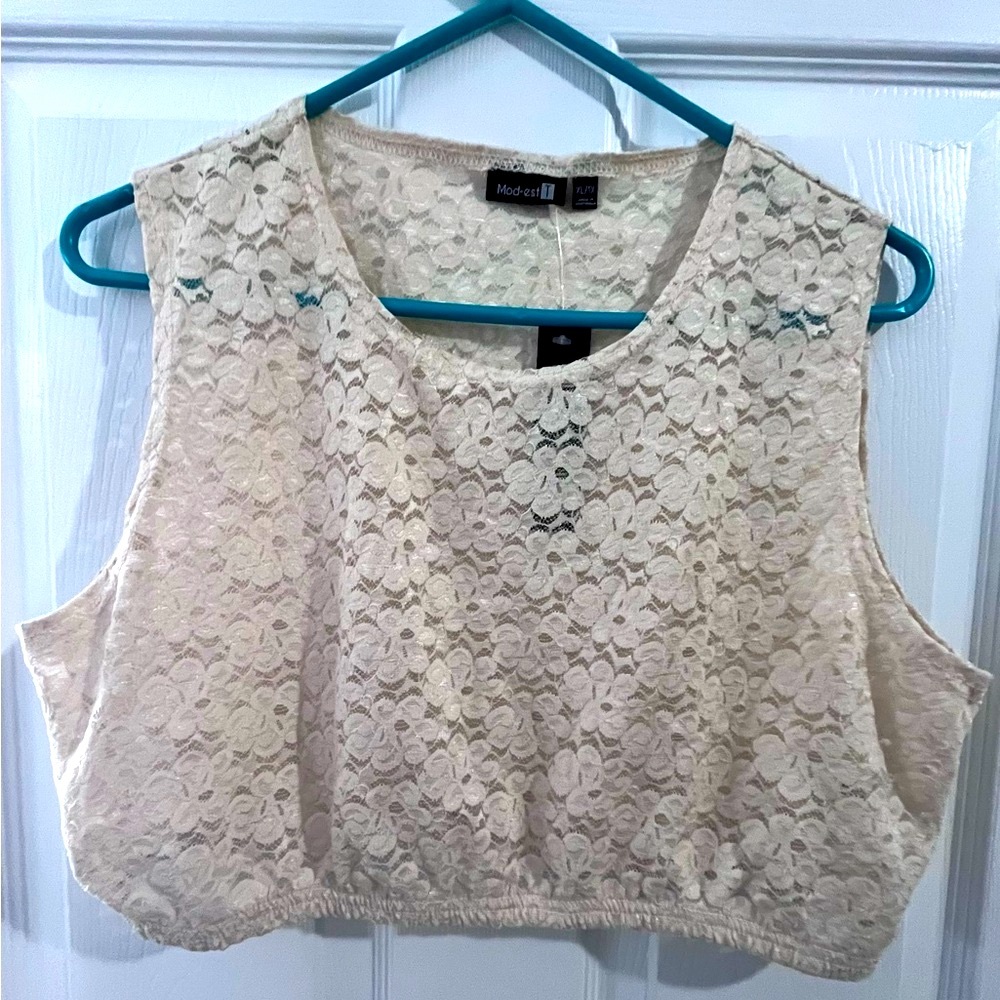 Cream Sheer Lace Crop Top with Intricate Floral Design